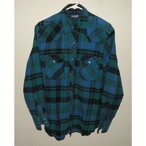 Wrangler Men’s Large LS Pearl Snap Western Flannel Shirt Blue Green Plaid
